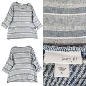 Pure Jill Tunic Top Linen Women’s Size Large L Striped Boxy Blue Gray